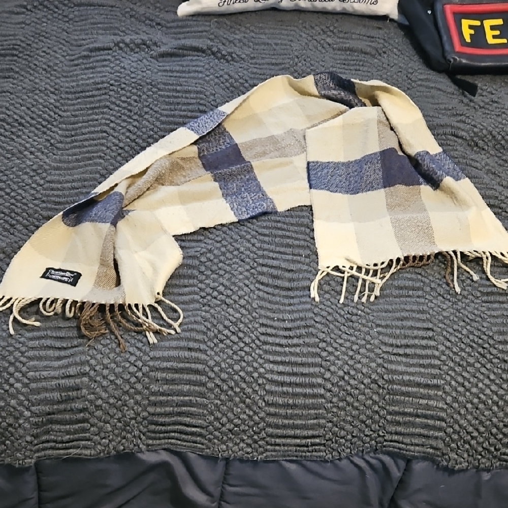 Authentic Cashmere Christian Dior Plaid Fringed Scarf in Cream and Navy